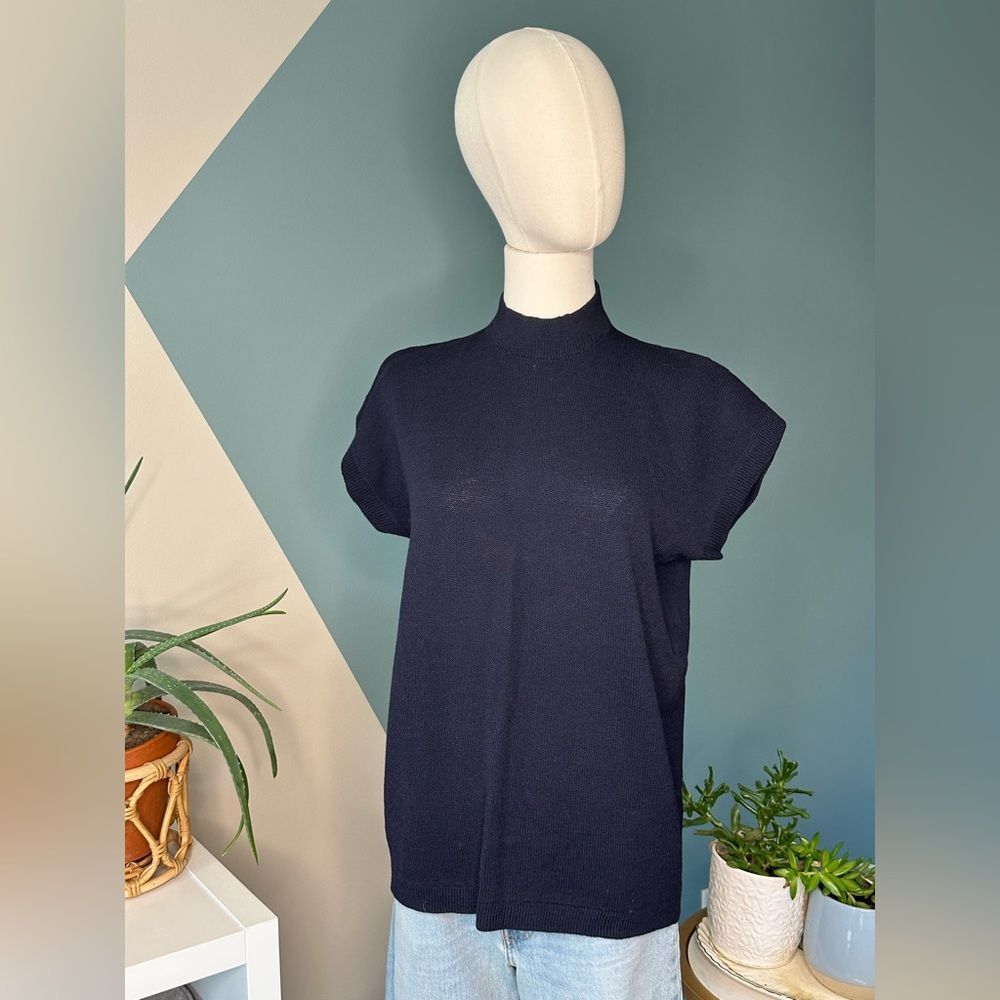 Vintage St. John Sport Navy Knit Mock Neck Zip Back Top 90s Minimalist Large - Picture 1 of 10